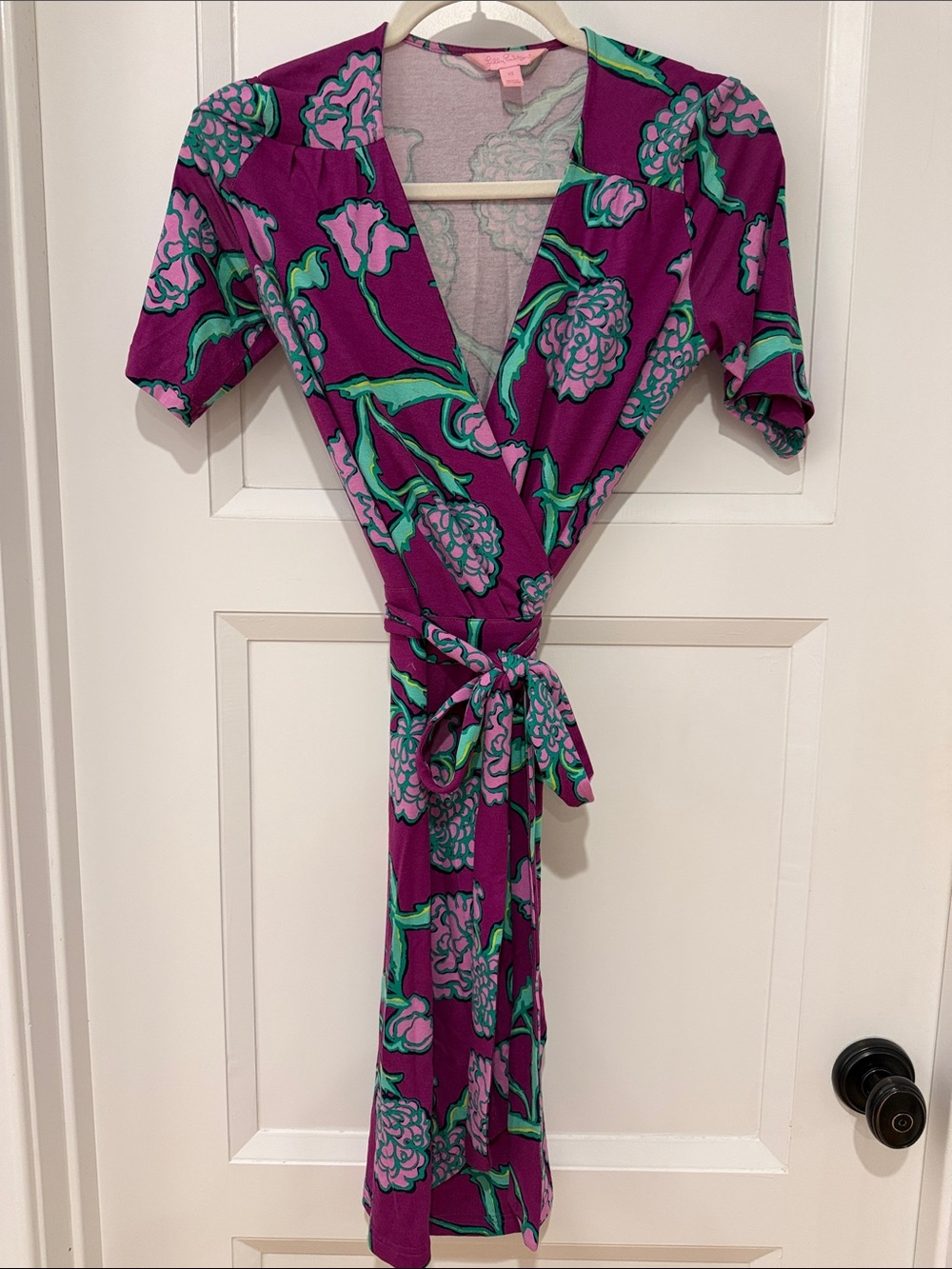 Lilly Pulitzer Purple Floral Wrap Dress with Green and Pink Accents